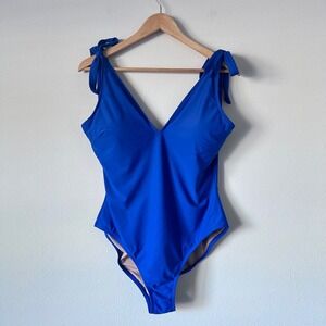 J.CREW XL One‎ Piece Swimsuit Vibrant Blue Tie Shoulder V Neck Lined